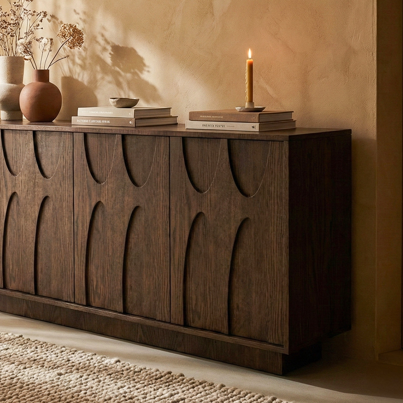 Wooden sideboard with decorative items against a warm-toned wall.