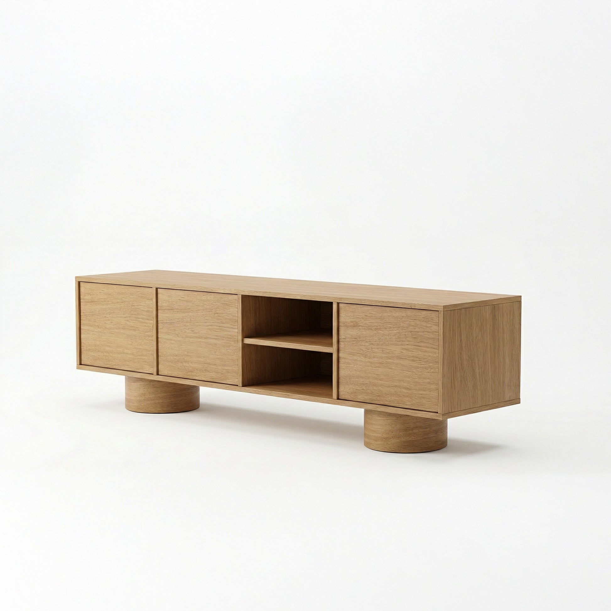 Wooden cabinet with two doors and an open shelf on a white background