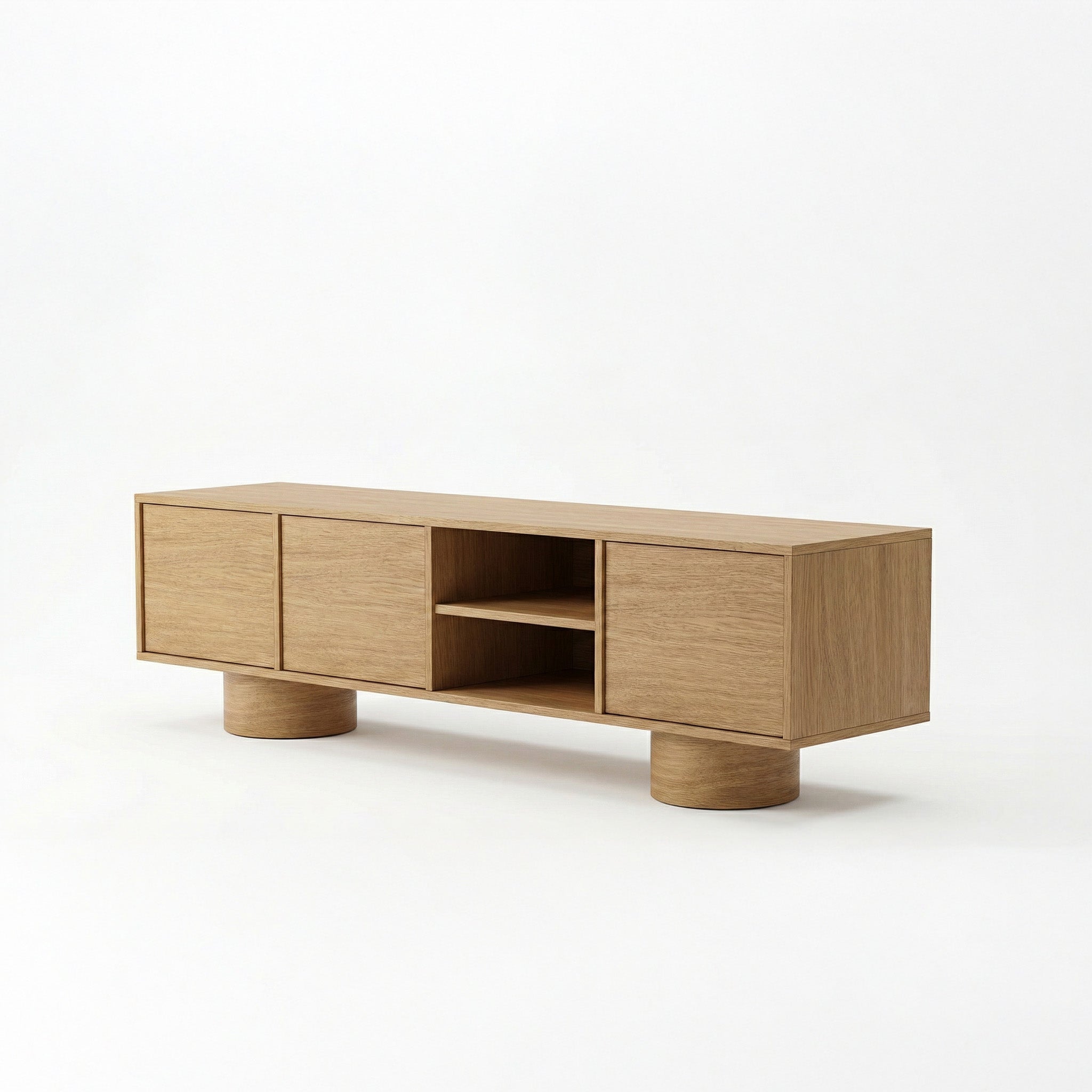Wooden cabinet with two doors and an open shelf on a white background